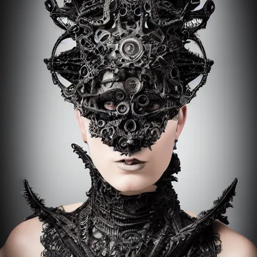 Prompt: a female harkonen model by stefan geselle and nekro borja, photorealistic, biomechanical, lace, intricate details, hyper realistic, ornate headpiece, photorealistic, canon r 3, photography, wide shot, photography, dark beauty, symmetrical features