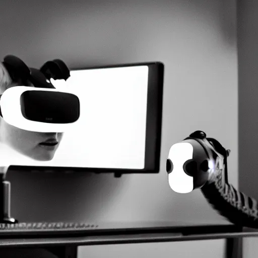 Prompt: a pet lizard wearing vr headset, light, indoor, photorealistic, monochrome, detailed