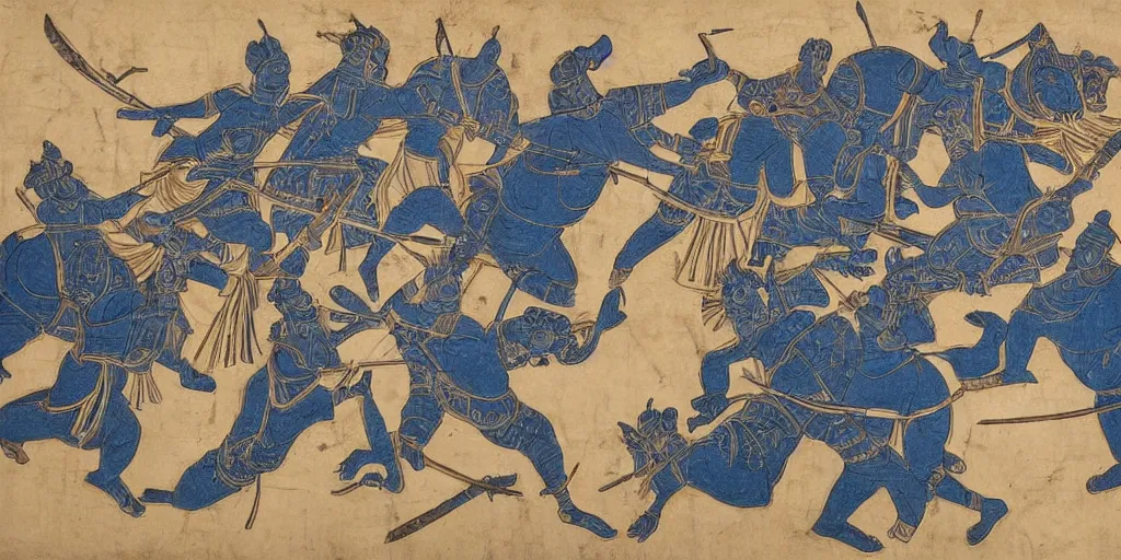 Prompt: On this carving is an artwork of Jang Kyungsu retaliating with her sword while brandishing shivs. Seven tapirs advance, covered in intestines. The work is shaded in hues of blue and white. This depiction tells the story of Jang's caravan fighting off an ambush on the 9th of Decembary, 5500.