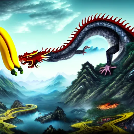 Image similar to Chinese president, bananas weapon, battle the dragon, centered, highly detailed, mountains, epic composition, background, fantasy art, 8k