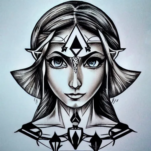 Image similar to tattoo design, stencil, portrait of princess zelda by artgerm, symmetrical face, beautiful, triforce