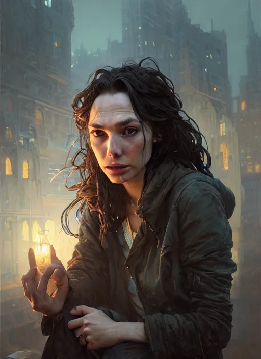 Image similar to Highly detailed portrait of homeless and beaten up Gal Gadot, Stephen Bliss, unreal engine, fantasy art by Greg Rutkowski, Loish, Rhads, ferdinand knab, Makoto Shinkai and Lois van baarle, ilya kuvshinov, rossdraws, Tom Bagshaw, alphonse mucha, global illumination, radiant light, detailed and intricate environment