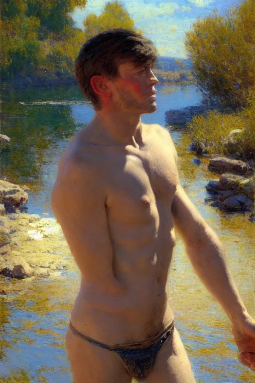 Image similar to attractive man by a river, bright sunlight, oil covered skin, painting by gaston bussiere, craig mullins