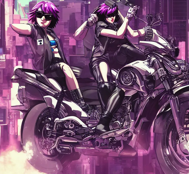 Image similar to motoko kusanagi riding a cyberpunk vehicle in a grungy cyberpunk megacity, bosozoku gang war, cyberpunk vaporwave, by phil jimenez, artgerm, sola digital arts, anti aliasing, raytracing