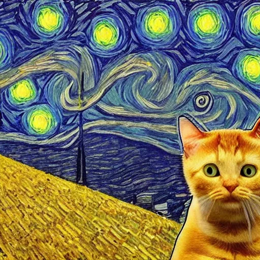 Prompt: realistic starry night by van gogh but from the perspective of a cat