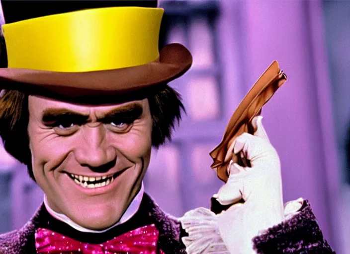 Image similar to film still of Jim Carrey as Willy Wonka in Willy Wonka and the Chocolate Factory 1971