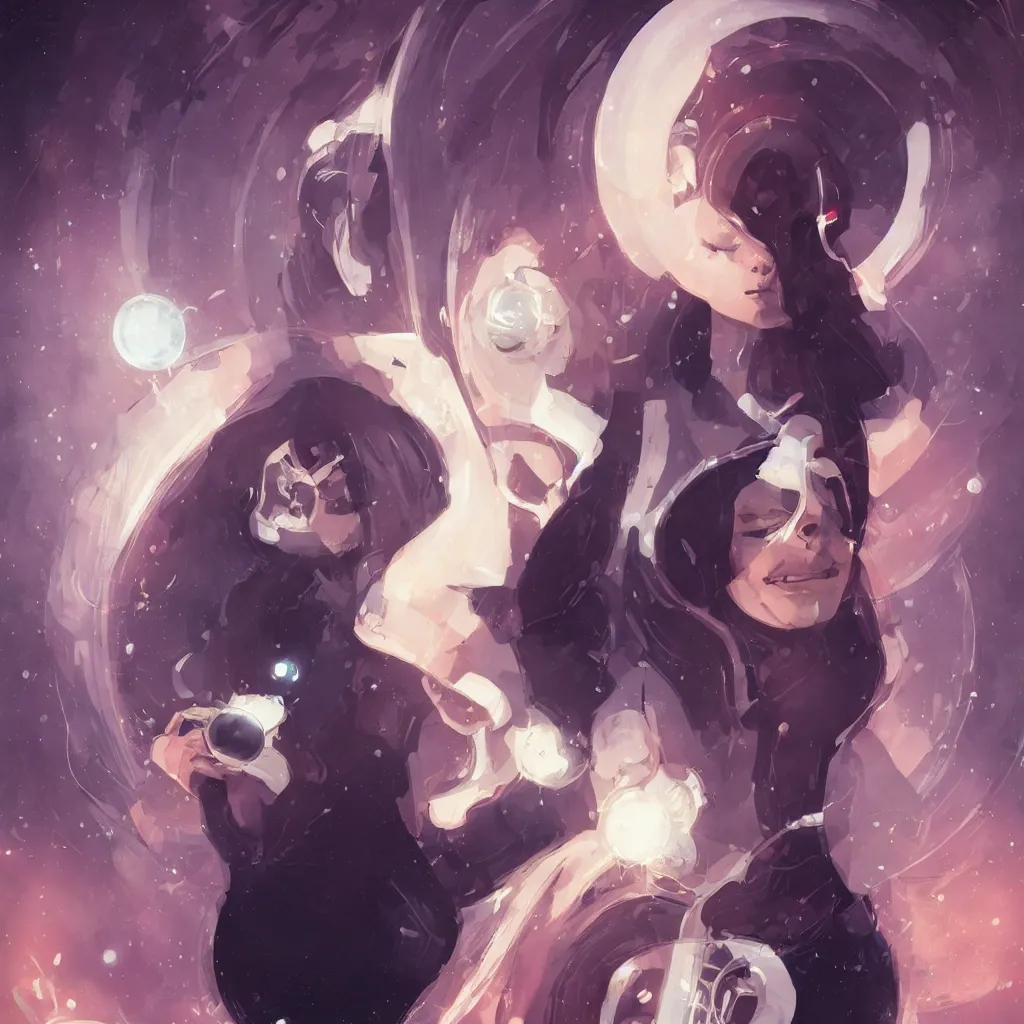 Image similar to a portrait of a beautiful female scientist holding a small black hole in her hands, anime art, symmetrical facial features, symmetrical proportions, illustration, style by jordan grimmer and greg rutkowski