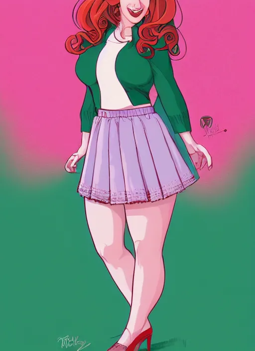 Image similar to full body portrait of teenage cheryl blossom, chubby, bangs, green eyes, sultry expression, red hair, sultry smirk, bangs and wavy hair, pink skirt, fat, intricate, elegant, glowing lights, highly detailed, digital painting, artstation, concept art, smooth, sharp focus, illustration, art by wlop, mars ravelo and greg rutkowski