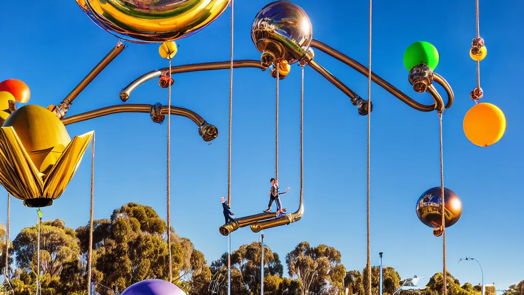 Image similar to large colorful futuristic space age metallic steampunk balloons with pipework and electrical wiring around the outside, and people on rope swings underneath, flying high over the beautiful river torrens and elder park in adelaide in south australia city landscape, professional photography, 8 0 mm telephoto lens, realistic, detailed, photorealistic, photojournalism