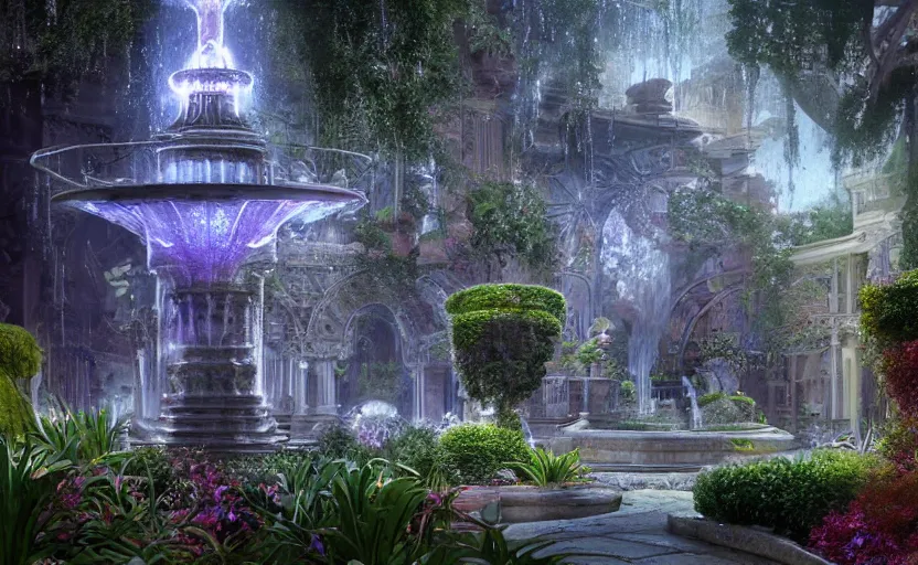 Image similar to A beautiful garden, next to a fountain and a mystical palace, hyperrealistic mixed media, stunning 3d render inspired art by P. Craig Russell and Barry Windsor-Smith + perfect facial symmetry + dim volumetric lighting, 8k octane beautifully detailed render, post-processing, extremely hyperdetailed, intricate futuristic mechanic parts, epic composition, grim yet sparkling atmosphere, cinematic lighting + masterpiece, trending on artstation