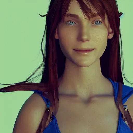 Image similar to a brown haired blue eyes beautiful girl smiling in character design. gesture drawing. line of action. official art, unreal engine 5, unreal engine. medium shot. ray tracing hdr. 8 k. uhd. sharp focus. highly detailed. masterpiece. golden ratio. anime render. cinematic lighting. lifelike. symmetrical face. beautiful face