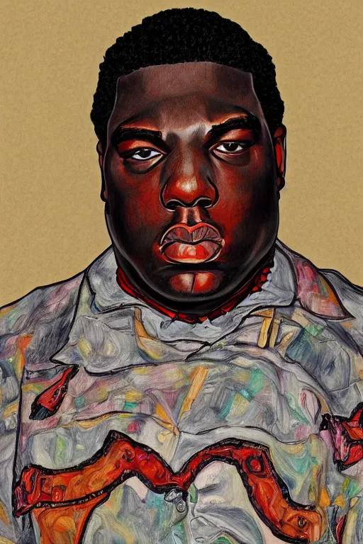 Image similar to a portrait of biggie small in style of egon schiele, masterpiece, hyperdetailed, complex, intricate, 4 k, trending on artstation