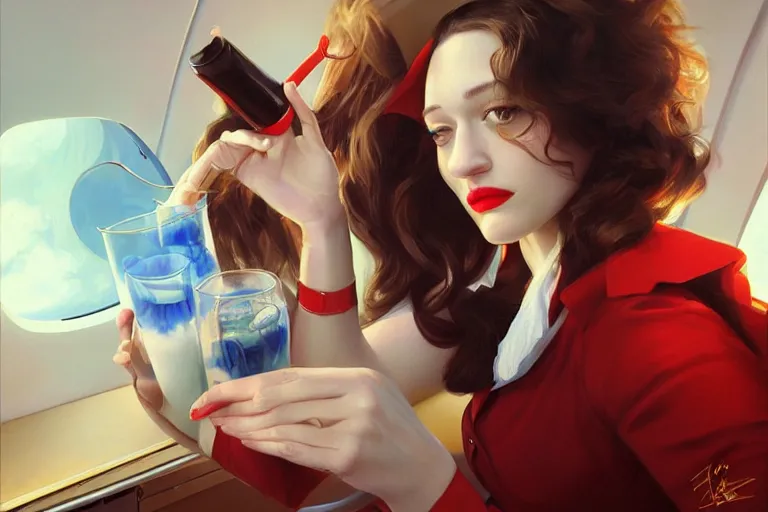 Prompt: A portrait of a Kat Dennings as a seductive flight attendant serving drinks on a plane Ruan Jia and Mandy Jurgens and Artgerm and william-adolphe bouguerea, highly detailed, trending on artstation, award winning, H 768