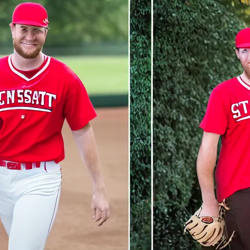 Image similar to tall white guy with a short blonde beard red nc state baseball hat and red shirt