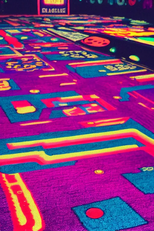 Prompt: “cinestill blacklight roller rink arcade carpet”