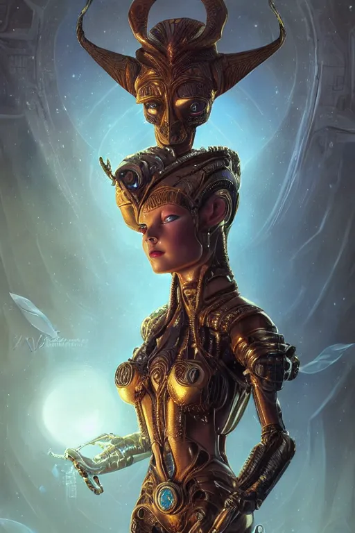 Image similar to portrait of a beautiful female hybrid cybernetic atlantean anubis elsa jean alien warrior, regal, realistic, refined, detailed, digital art, jessica rossier, michael cheval, esao andrews, steampunk, walt disney ( 1 9 3 7 ), francois boucher, oil painting, highly detailed, cinematic lighting, unreal engine, 8 k, hd