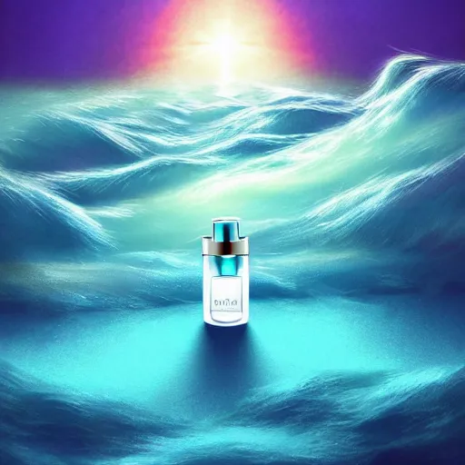Prompt: blue perfume bottle surrounded by turquoise water droplet and waves, lonely world still shining through faintly rainbow led lights, beautiful surreal scenery artwork pixiv. soul dust. unthinkable dream sublime god lighting, sun rays, cold colors. insanely detailed, artstation!! pixiv!! infinitely detailed created by god