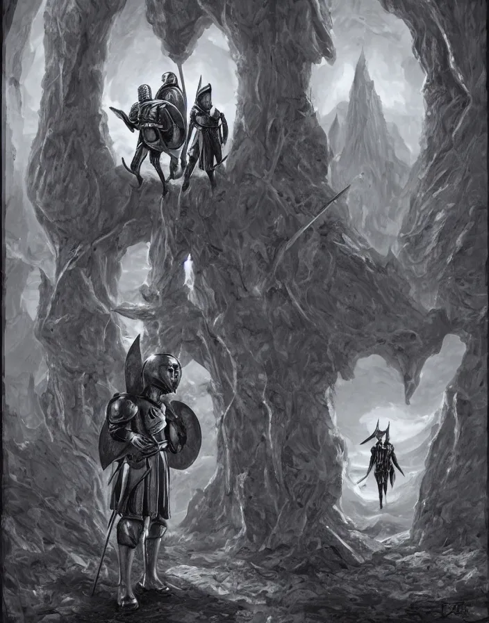 Image similar to DSLR photograph of a knight in a medieval suit of armor next to an elf wizard walking through a surrealist dimensional gateway that leads into a terrifying surrealist Bryce 3d landscape imaged by Larry Elmore Kerlaft, photo realistic