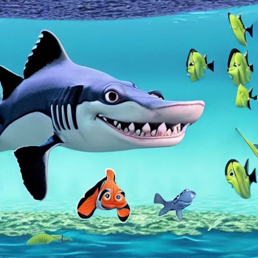 Image similar to finding nemo but nemo eats a shark hyperrealism