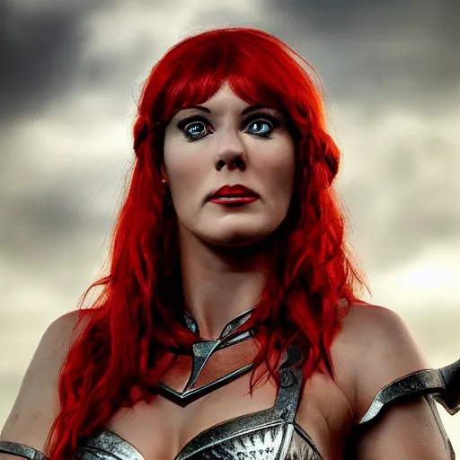 Image similar to hyper realistic photo of red sonja portrait, cinematic