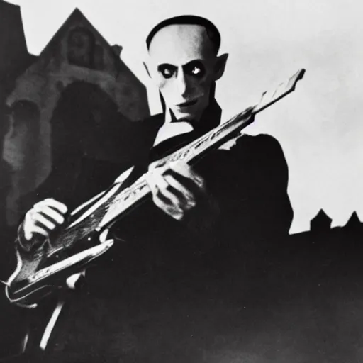 Image similar to vintage photograph of count orlok outside his castle, playing the blues on guitar, castle in the background, 4 k