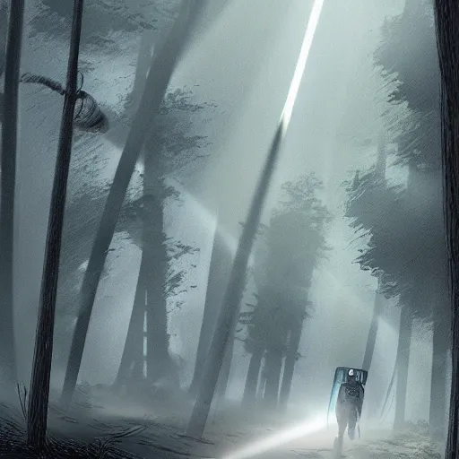 Prompt: anonymous fleeing through the forest from black helicopters with searchlights, atmospheric, volumetric lighting, 8k trending on artstation