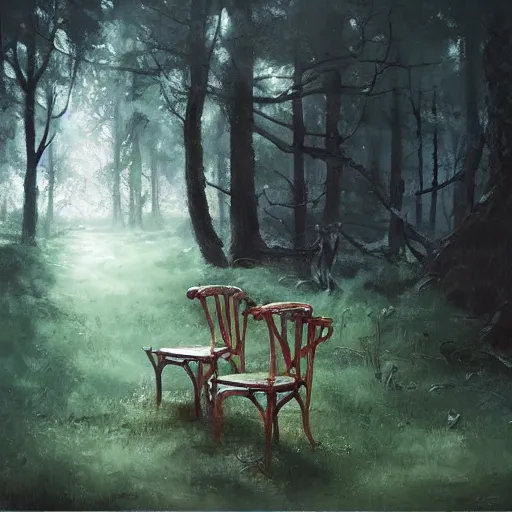 Prompt: chair in the forest wenjun lin whimsical