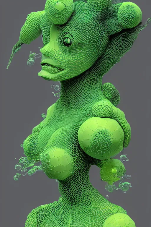 Image similar to epic 3 d sculpture of trans model, mesh headdress, 2 0 mm, with pastel yellow and pastel green bubbles bursting, perlin noise melting into bulbasaur, delicate, beautiful, intricate, houdini sidefx, artstation, by jeremy mann and ilya kuvshinov, jamie hewlett and ayami kojima