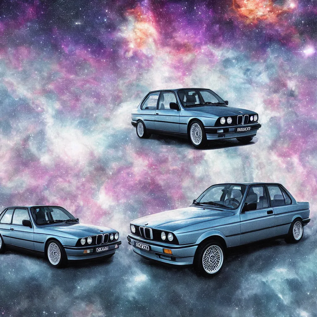 Prompt: bmw e30, alien planet background, hyperrealism, nebula