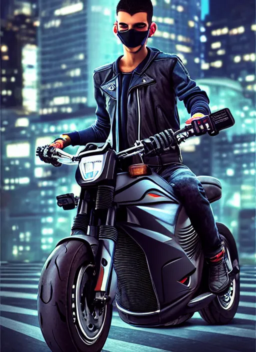 Prompt: photo of cyberpunk male teenager riding on a motorcyle in the style of stefan kostic, realistic, sharp focus, 8 k high definition, insanely detailed, intricate, elegant, art by stanley lau and artgerm