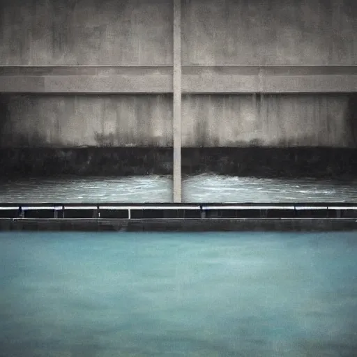 Image similar to photorealistic painting of abandoned liminal swimming pool scary, dark art, moody by Sean Yoro