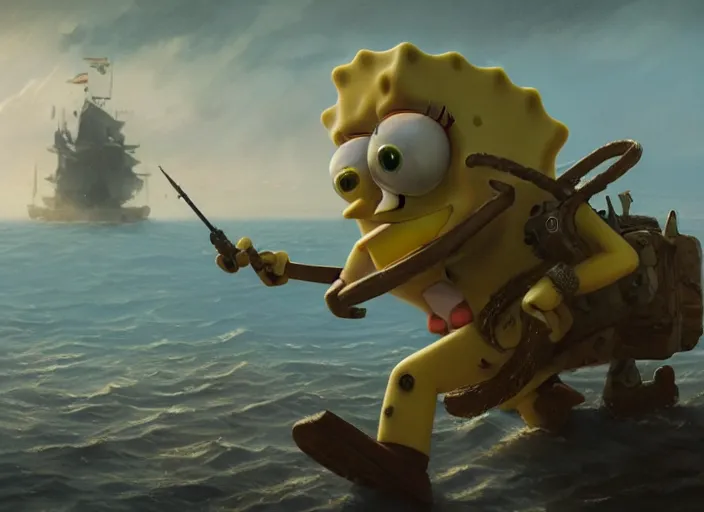 Prompt: close up cinematic artwork of spongebob SquarePants staring down the enemy on the battlefield by Greg Rutkowski, 4k, masterpiece