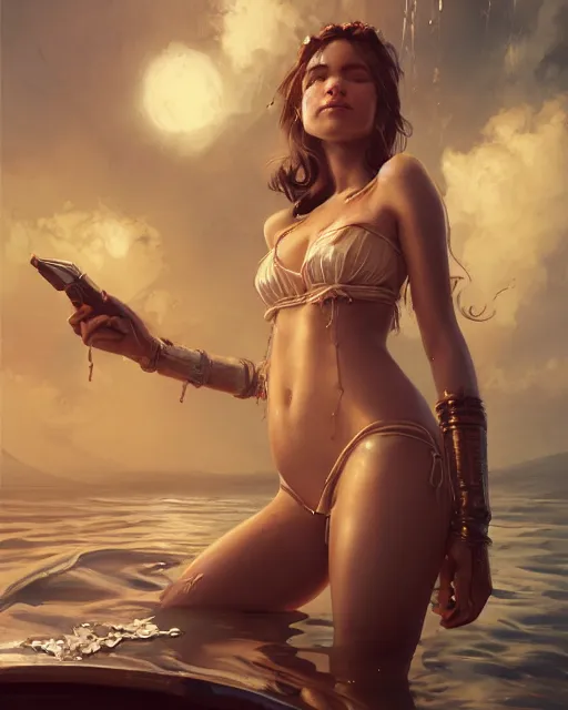 Prompt: A beautiful female maid wearing a magical bikini posing on a boat, detailed face, fantasy art, in the style of greg rutkowski, illustration, epic, fantasy, intricate, hyper detailed, artstation, concept art, smooth, sharp focus, ray tracing, profile shot