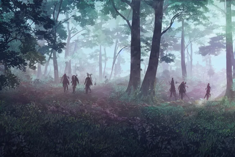 Image similar to cell shaded key visual of a group nomads hunting in a misty forest at dawn in the style of studio ghibli, moebius, makoto shinkai,