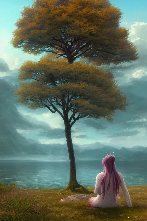 Image similar to a distant! sakura tree on a lake, viewed from afar, stephen bliss, misty, unreal engine, fantasy art by greg rutkowski, loish, rhads, ferdinand knab, makoto shinkai and lois van baarle, ilya kuvshinov, rossdraws, tom bagshaw, global illumination, radiant light, minimalist, detailed and intricate environment