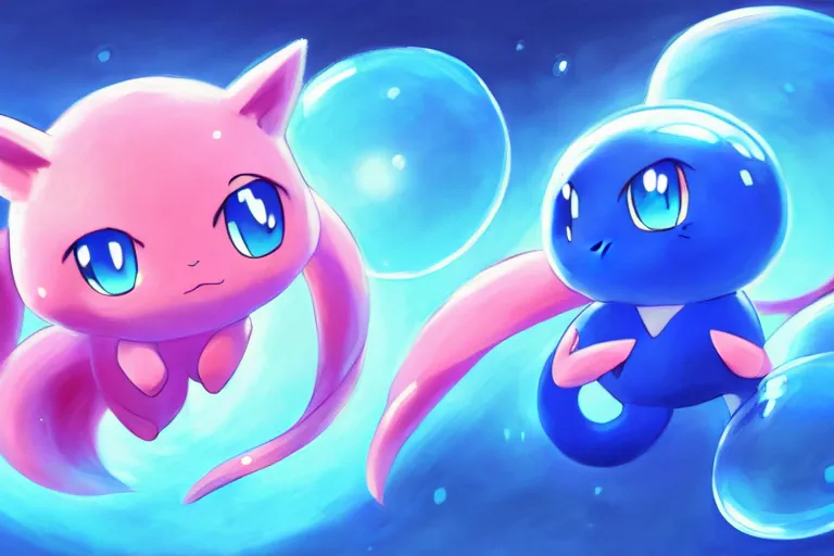 Image similar to cinematic portrait of cute Mew riding large blue bubble, oil on canvas in the style of Pokemon, epic masterpiece, trending on artstation, featured on pixiv, cinematic composition, dramatic pose, beautiful lighting, sharp, details, hyper-detailed, HD, HDR, 4K, 8K
