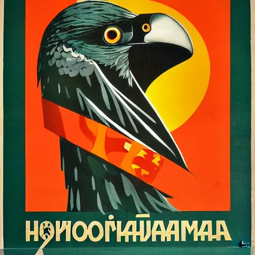 Image similar to soviet propaganda poster depicting a dromaius novaehollandiae in military uniform