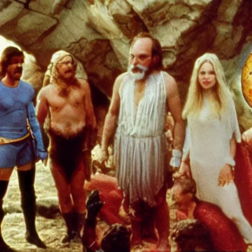 Prompt: an 8 k color hdr picture of zardoz accessing second level during his 9 6 6 th birthday party along with female friends. everything is of the second level including plates of green bread and hams on the isle of kun lao
