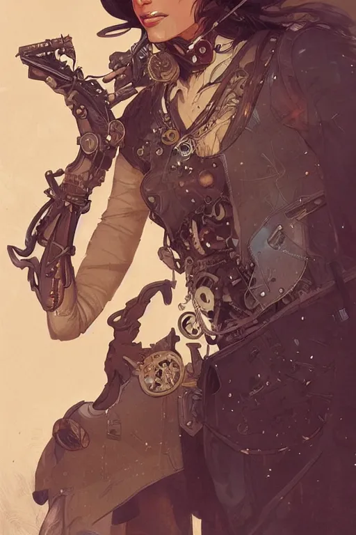 Image similar to steampunk half - cyborg, western gunslinger, smooth, sharp focus, illustration, highly detailed, digital painting, artstation, concept art, by disney animation, rossdraws, alphonse mucha, frank fanzzeta, collectible card art