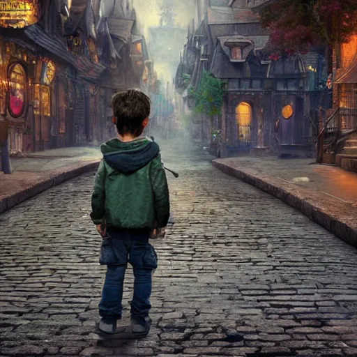 Prompt: the back of a boy standing in the streets of a fantastical fantasy city, extremely detailed and photorealistic, 8k