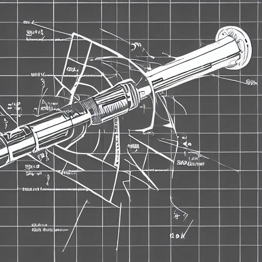 Prompt: technical drawing of heavy pulsar cannon taken from a spaceship. science fiction illustration.