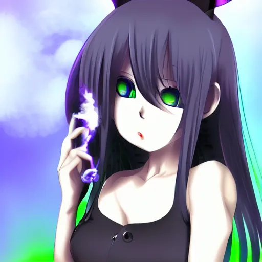 Image similar to green-eyed cat-eared goth anime girl smoking a cigarette deviantart 8k aramaki shinji hd hyperreality