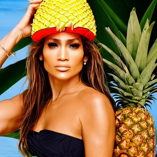 Image similar to j - lo, coconut bikini and a pineapple hat, professional photography, photoshop