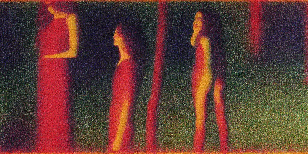 Prompt: a film still of suspiria by dario argento 1 9 7 7 movie, painted by georges seurat, impressionism, pointillism, high quality, detailed, print!, poster,