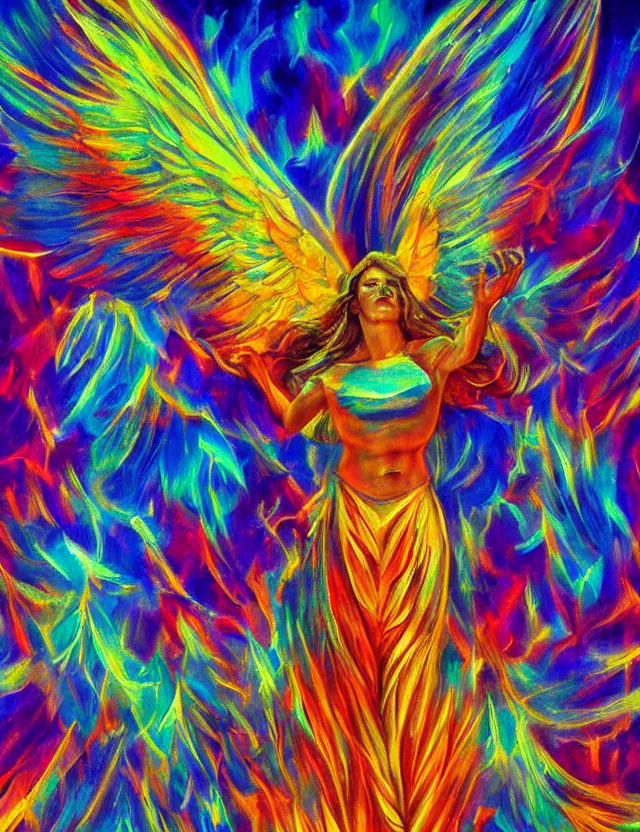 Image similar to spirit of the solar mythos mercurial angel light, award winning oil painting, chromatic aberration polychromatic color palette