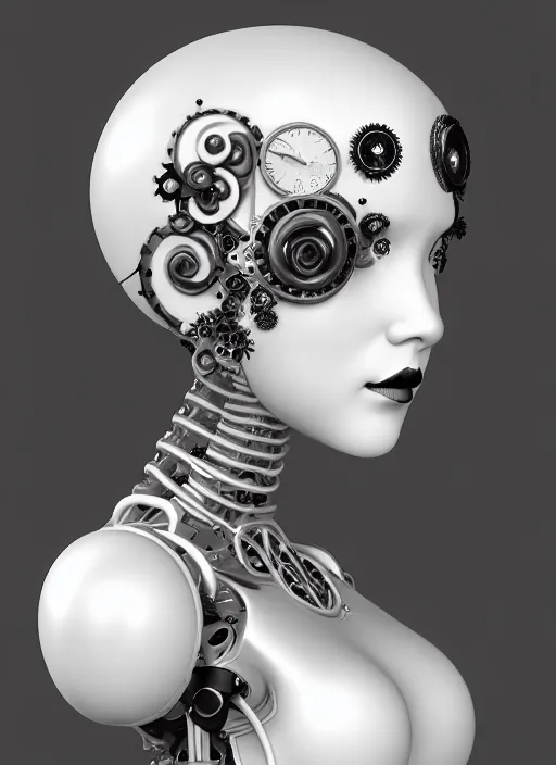 Image similar to black and white dreamy profile face portrait, one silver steampunk eye biomechanical beautiful angelic young female cyborg - robot - doll bust, body ribs meshes,, volumetric light, hibiscus flowers, rim light, big gothic fashion pearl embroidered collar, 1 9 3 0, 8 k