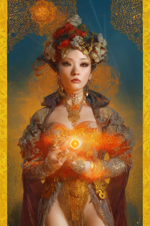 Image similar to tarot card artstation, portrait of a gorgeous love dancer, sunrise, baroque ornament and rococo ornament, ancient chinese ornate, hyperdetailed, beautiful lighting, craig mullins, mucha, klimt, yoshitaka amano, red and gold and orange color palette