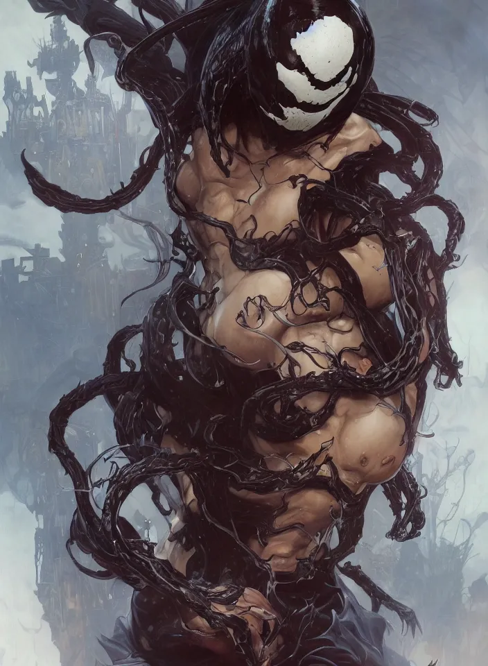 Image similar to Venom, highly detailed, digital fantasy character, painted portrait, artstation, concept art, hard focus, illustrations, works by artgerm and Greg Rutkowski, Alphonse Mucha and Craig Mullins, James Jean, Andrey Ryabovichev, Mark Simonetti and Peter Morbacher, 16k,