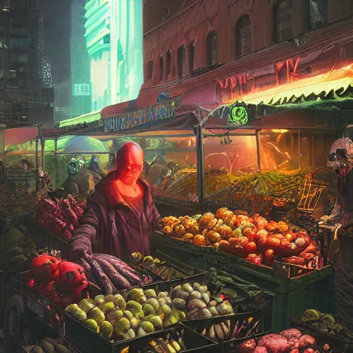 Prompt: cyberpunk goth farmers market by william barlowe and pascal blanche and tom bagshaw and elsa beskow and enki bilal and franklin booth, neon rainbow vivid colors smooth, liquid, curves, very fine high detail 3 5 mm lens photo 8 k resolution