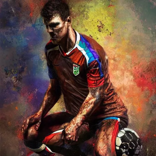 Prompt: A realistic hyperdetailed multi-colored digital oil full body portrait painting of a goal keeper on his knees holding a soccer ball up to the sky in the style of Guy Denning, Ruan Jia, and Craig Mullins. Trending on ArtStation and DeviantArt. CGSociety Digital art.